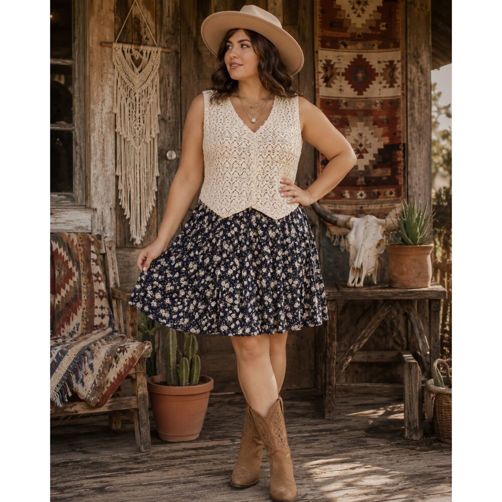 Vintage Y2K 90's Crochet Vest Floral Boho Western Cottagecore Dress Layered Look